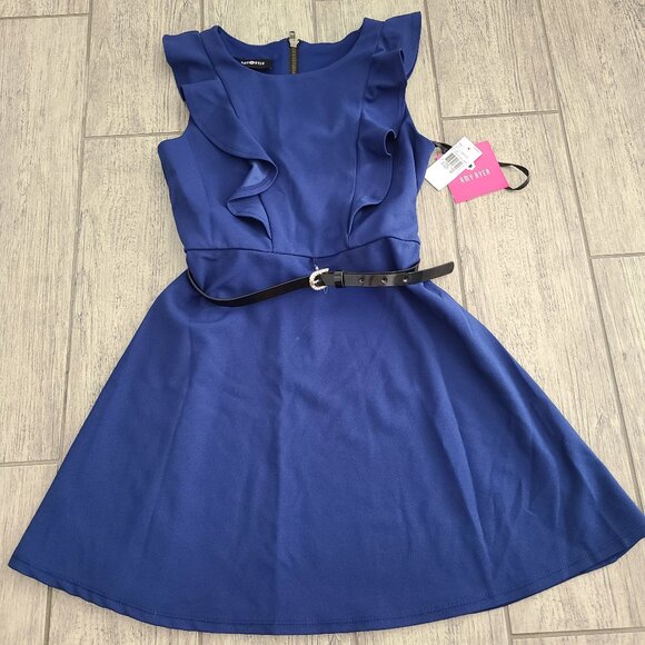 Amy Byer Other - Amy Byer Girls Blue Ruffle Fit & Flare Dress with Belt Size 12 (NWT)